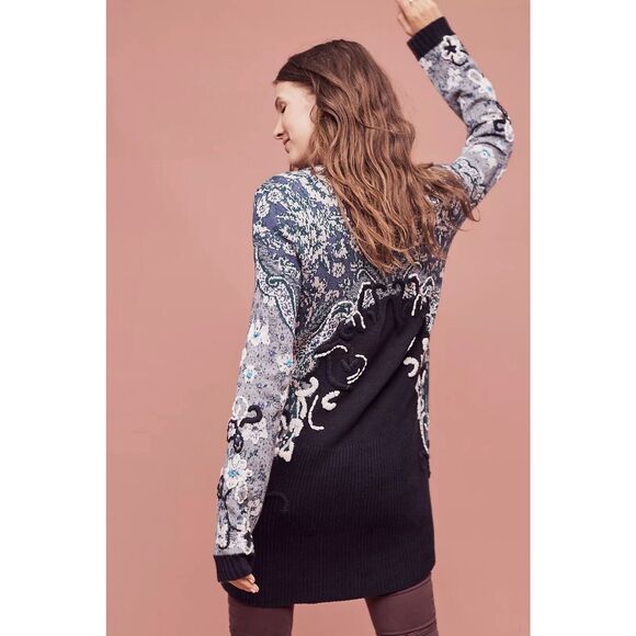 Anthropologie HWR Monogram Emmia Hand Stitched Cardigan Sweater Medium Floral - Picture 2 of 8